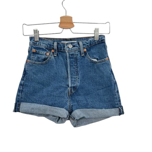 Levi's Ribcage Straight Denim Shorts Jean Medium‎ Wash Blue Size 26 - Picture 1 of 7
